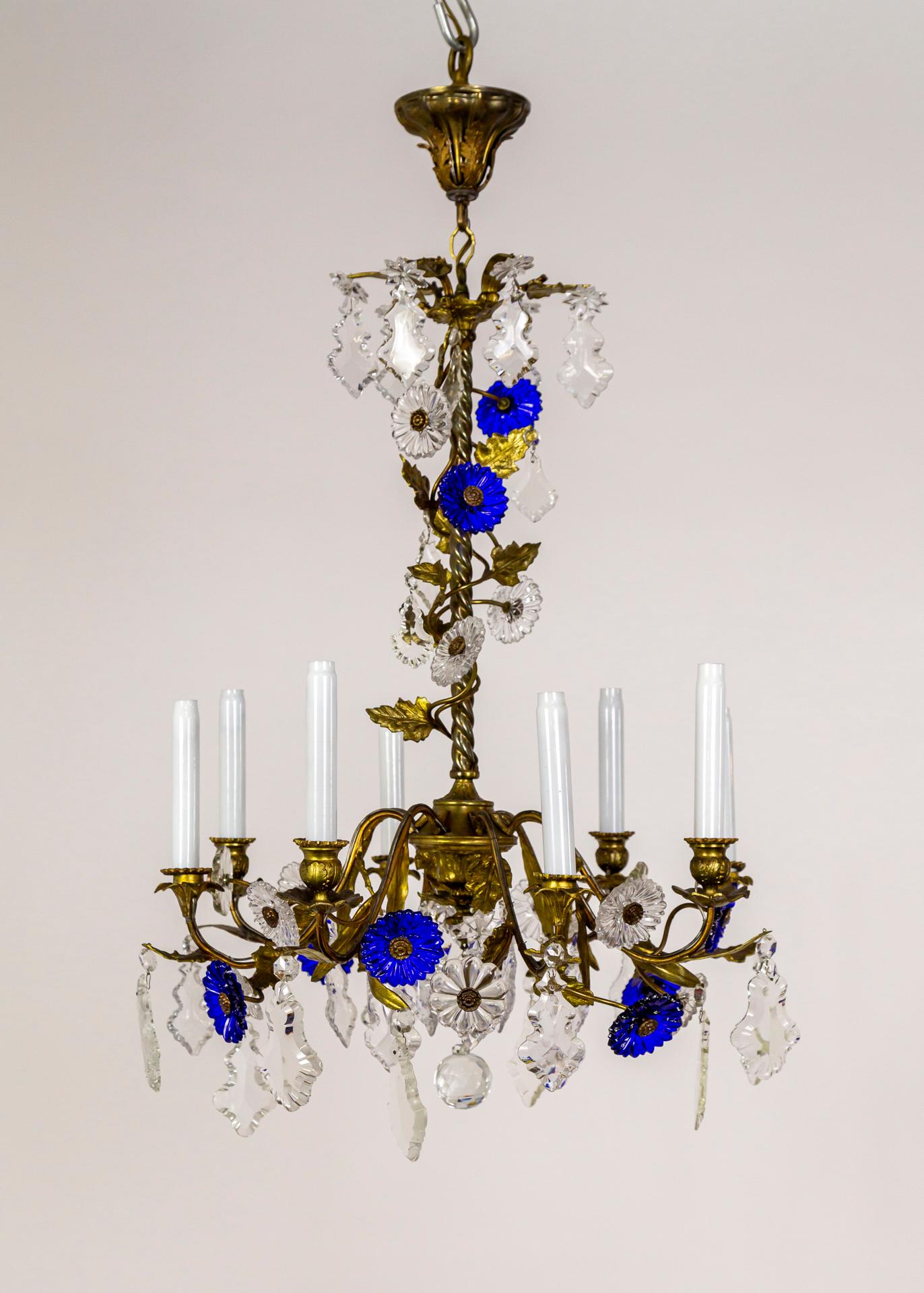 Art Nouveau Indigo Blue Crystal Flowers & Gilt Vine Chandelier For Sale