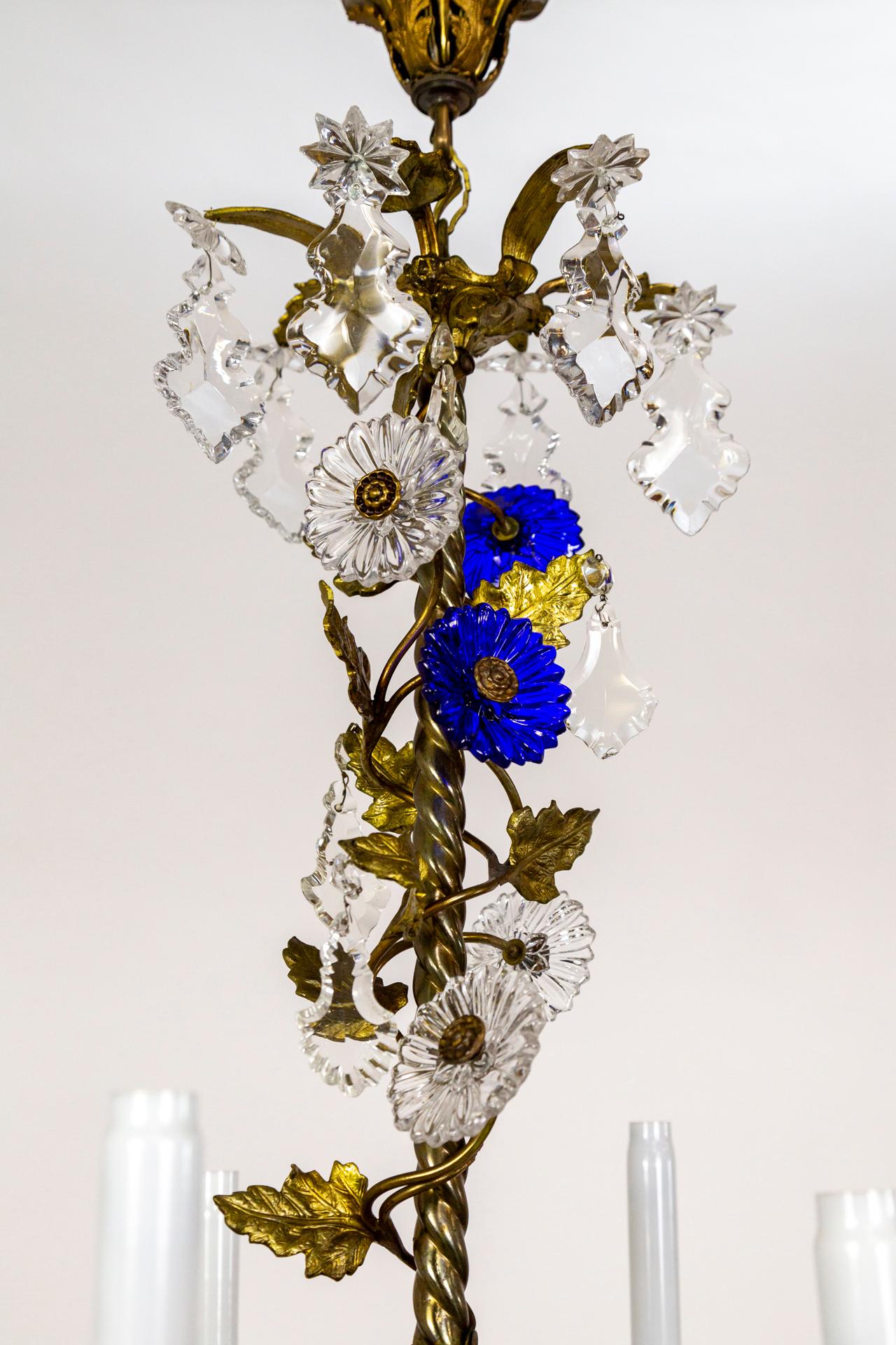 Indigo Blue Crystal Flowers & Gilt Vine Chandelier In Good Condition For Sale In San Francisco, CA