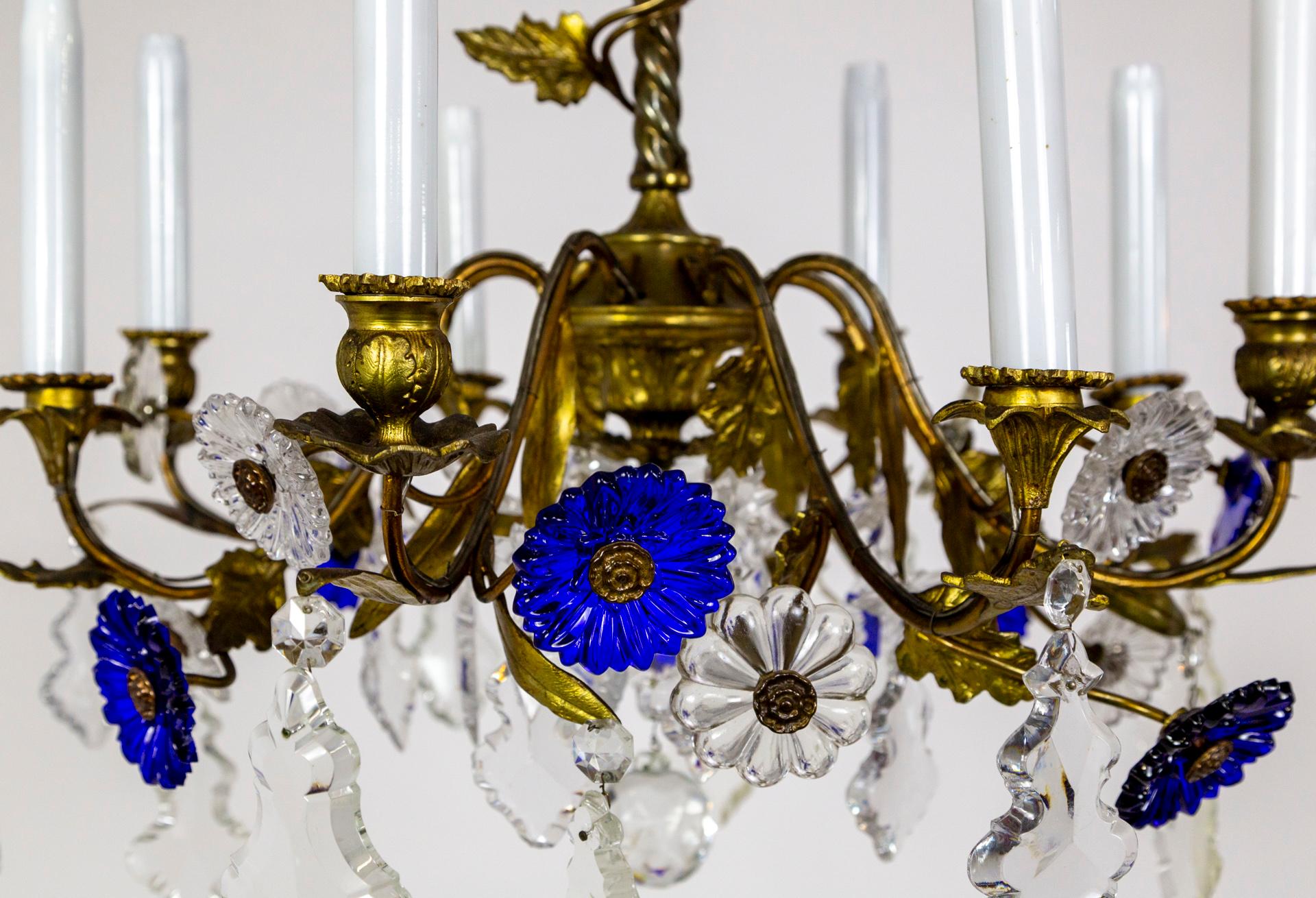 Brass Indigo Blue Crystal Flowers & Gilt Vine Chandelier For Sale