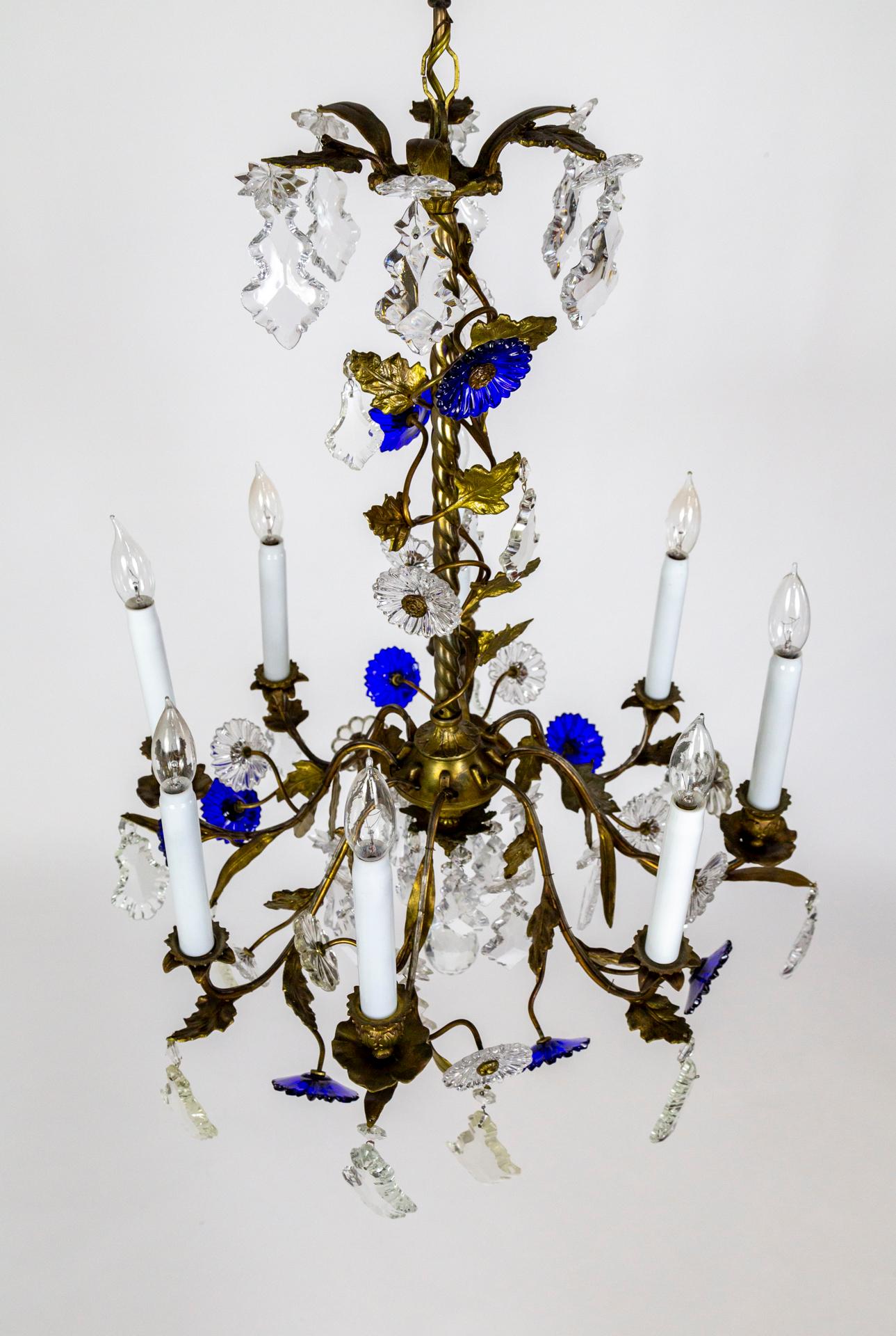 Indigo Blue Crystal Flowers & Gilt Vine Chandelier For Sale 2