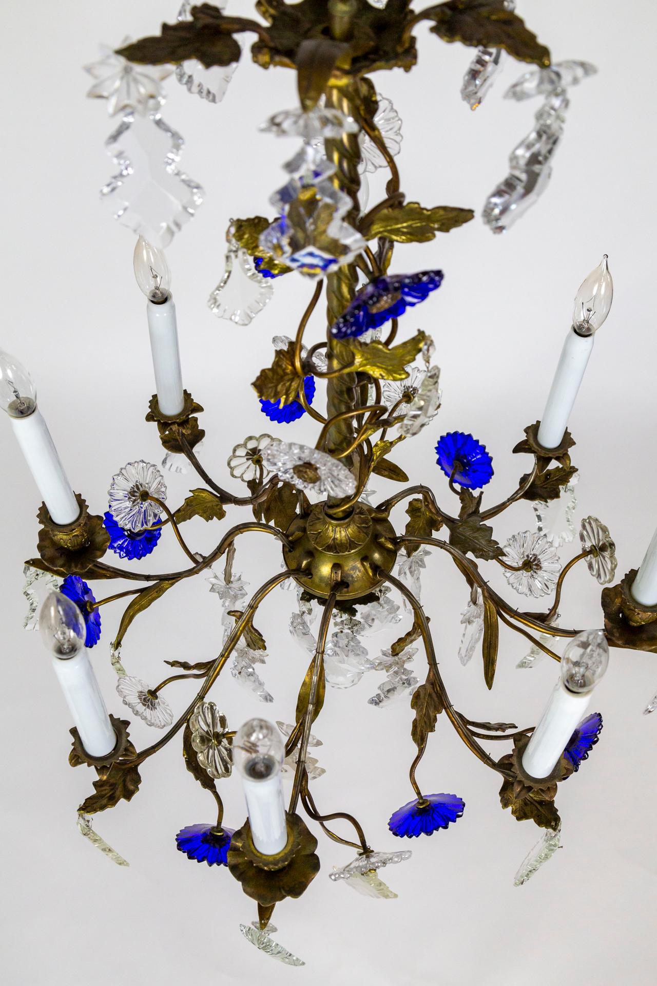 Indigo Blue Crystal Flowers & Gilt Vine Chandelier For Sale 3