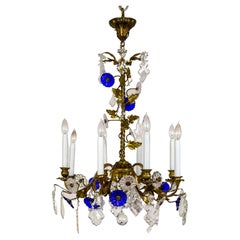 Antique Indigo Blue Crystal Flowers & Gilt Vine Chandelier