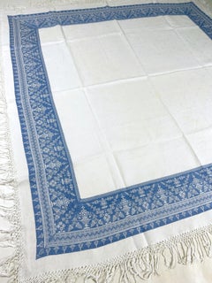 Indigo blue damask woven festive tablecloth in linen - France Circa 1920
