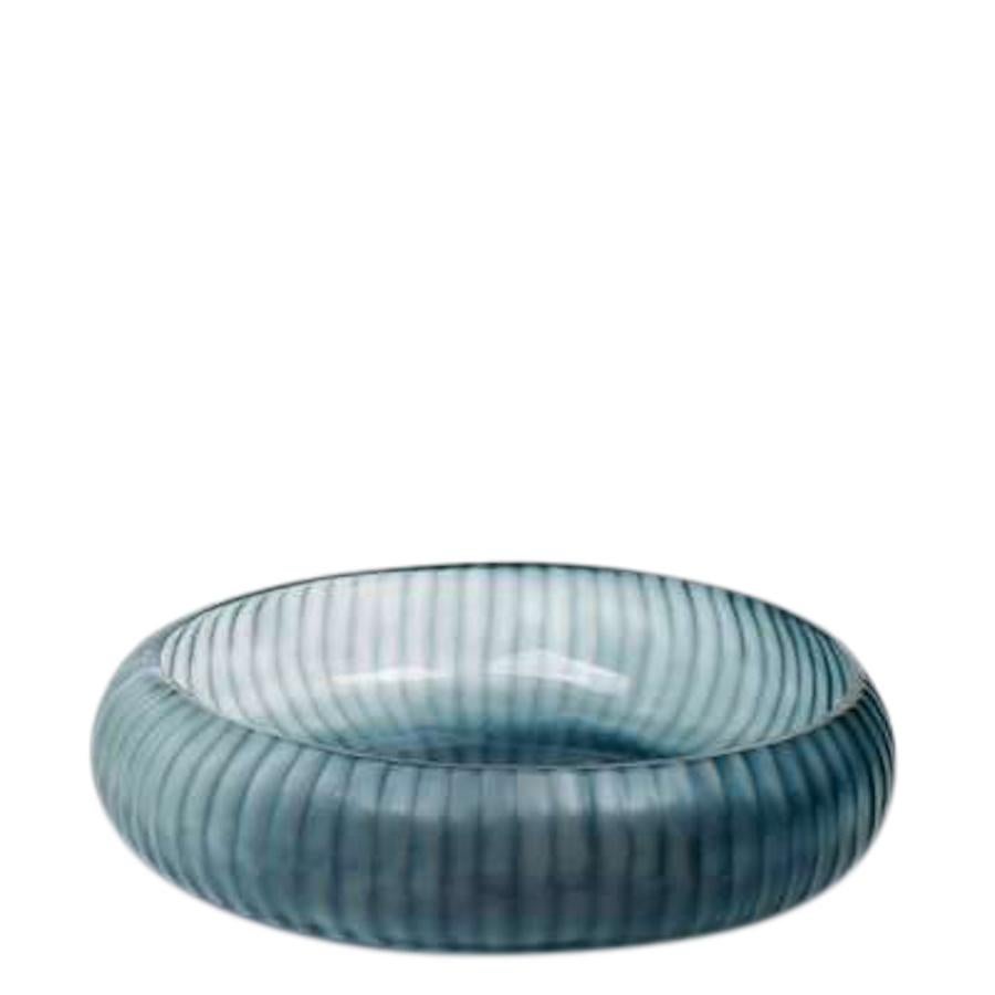 Contemporary Romanian indigo blue glass bowl with decorative fine vertical rib design.
Can hold water.
Part of a large collection.