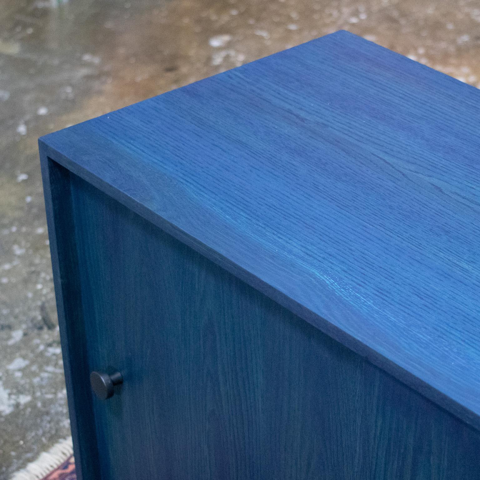 Modern Indigo Blue Oak Aquinas Sliding Door Cabinet For Sale