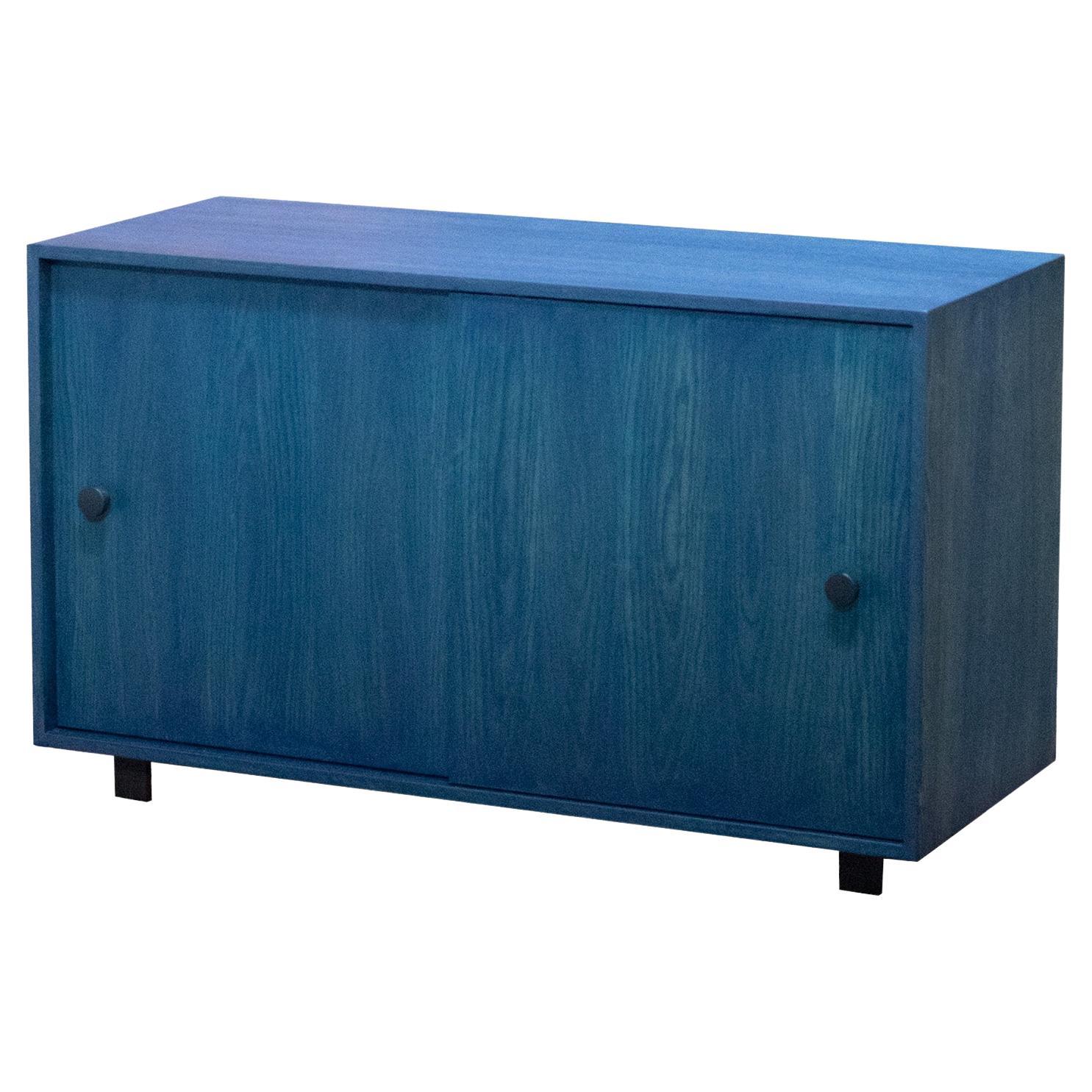 Indigo Blue Oak Aquinas Sliding Door Cabinet For Sale