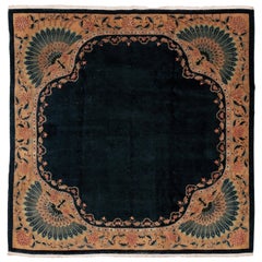 Indigo Blue Open Field Square Chinese Art Deco Rug