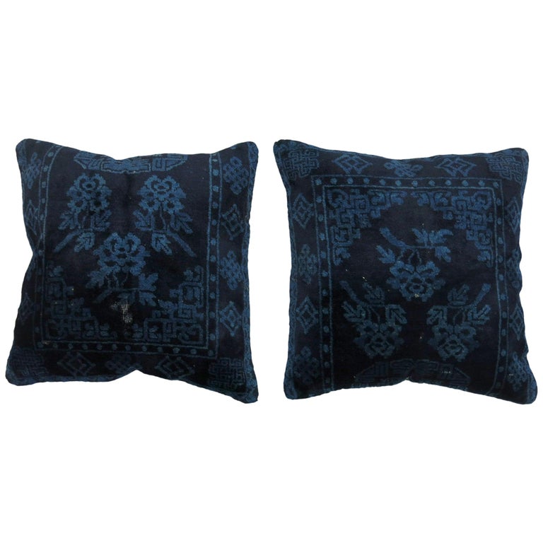 Indigo Blue Pair of 19th Century Rug Pillows For Sale