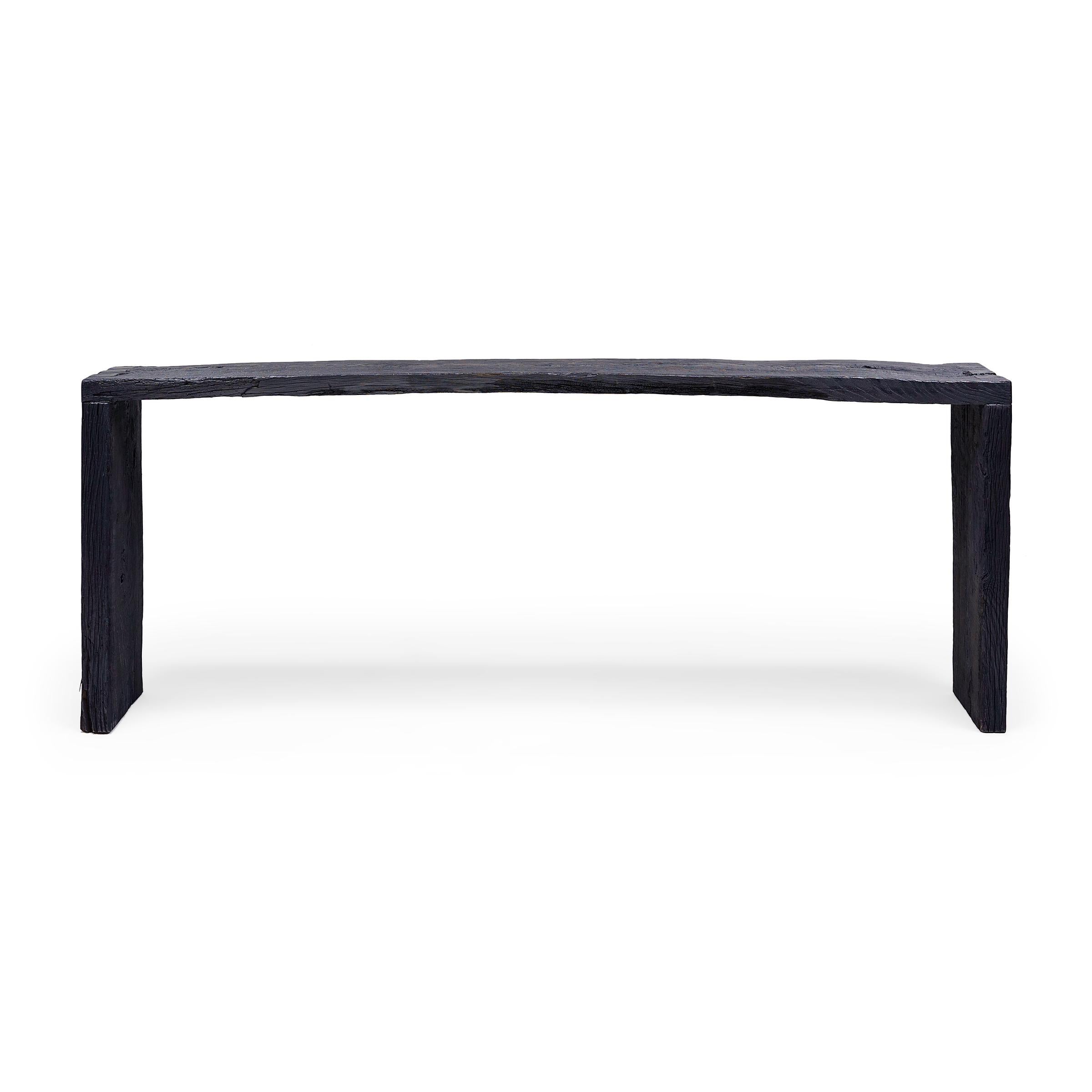 Organic Modern Indigo Blue Reclaimed Elm Waterfall Table For Sale