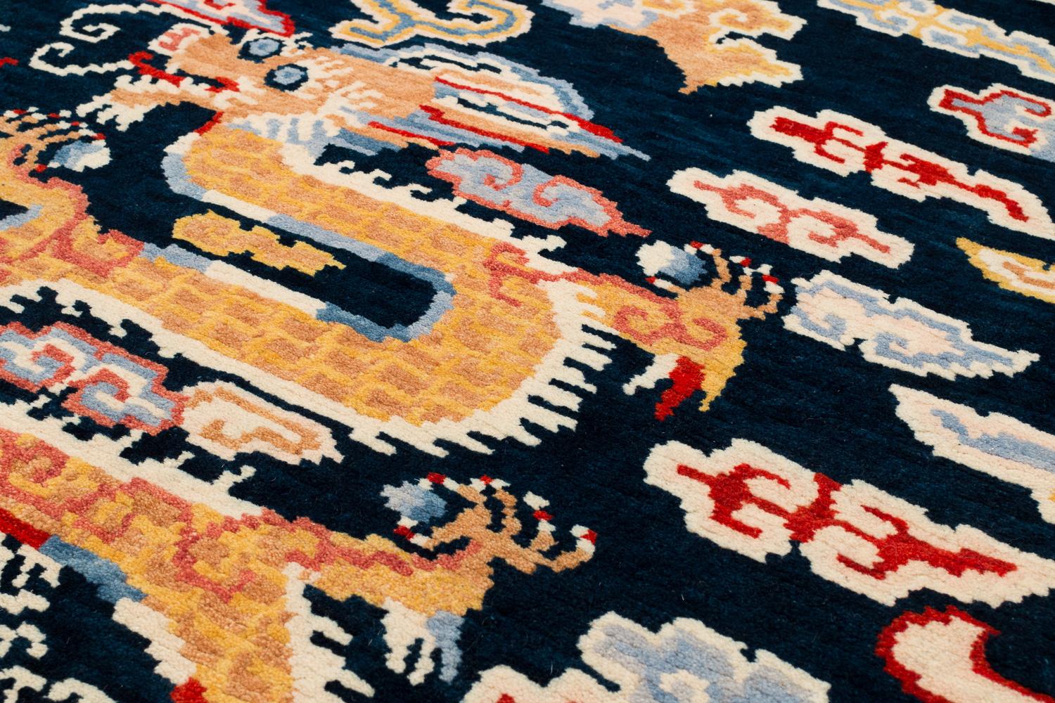 Indigo Blue, Red, Green, Orange Wool Tibetan Double Dragon Area Rug In New Condition For Sale In New York, NY