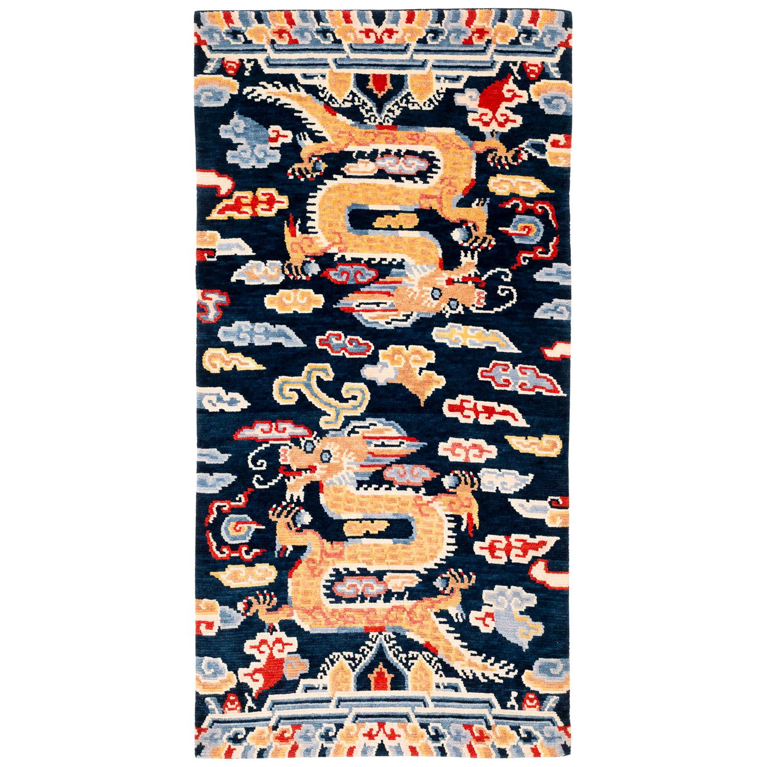 Indigo Blue, Red, Green, Orange Wool Tibetan Double Dragon Area Rug