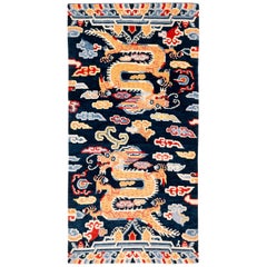 Indigo Blue, Red, Green, Orange Wool Tibetan Double Dragon Area Rug