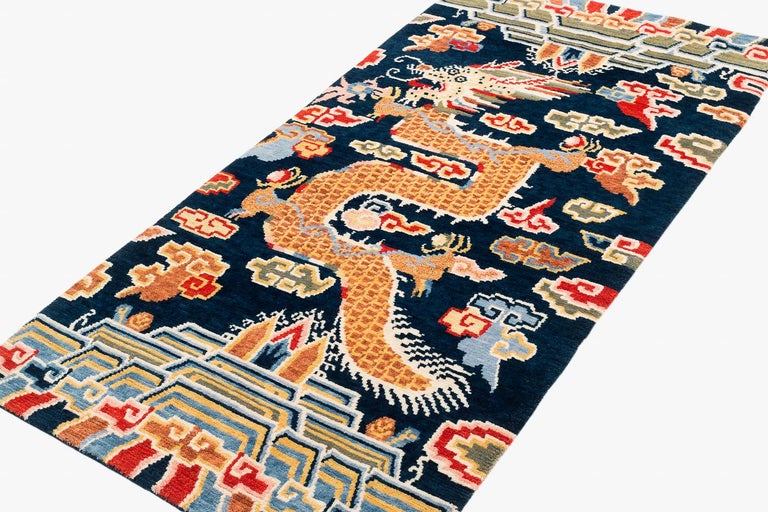 Indigo Blue, Red, Green, Orange Wool Tibetan Dragon Area Rug For Sale ...