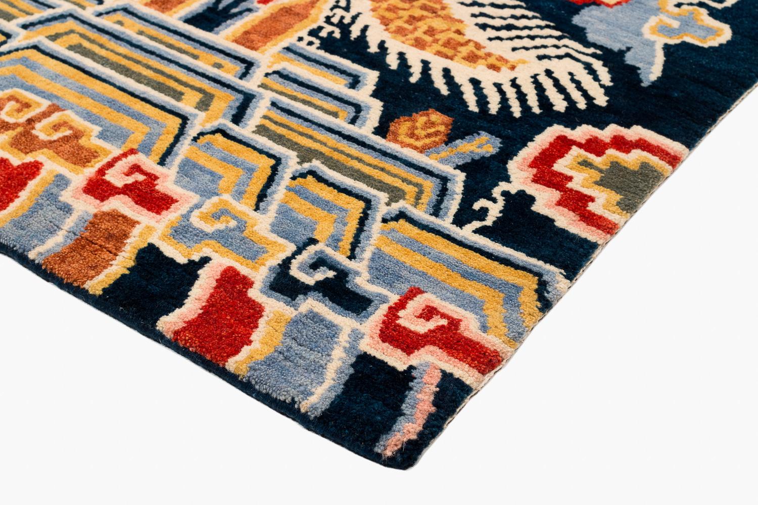 Indigo Blue, Red, Green, Orange Wool Tibetan Dragon Area Rug For Sale at  1stDibs | red orange, green and orange rug, green rug