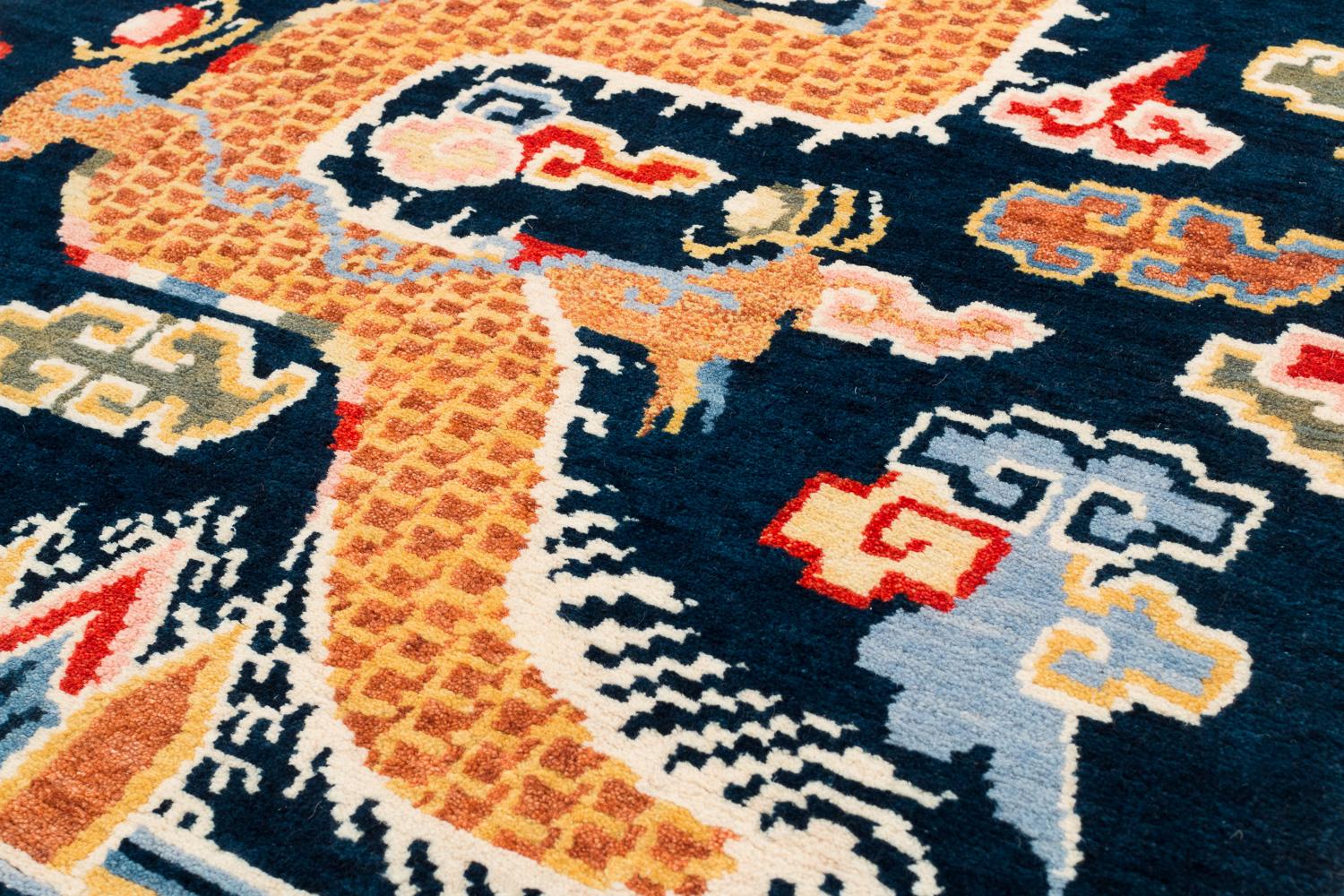Indigo Blue, Red, Green, Orange Wool Tibetan Dragon Area Rug In New Condition For Sale In New York, NY