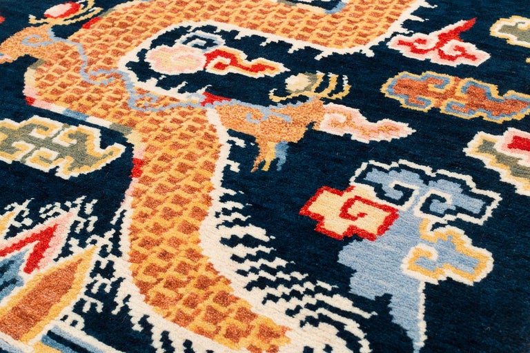 Indigo Blue, Red, Green, Orange Wool Tibetan Dragon Area Rug For Sale ...