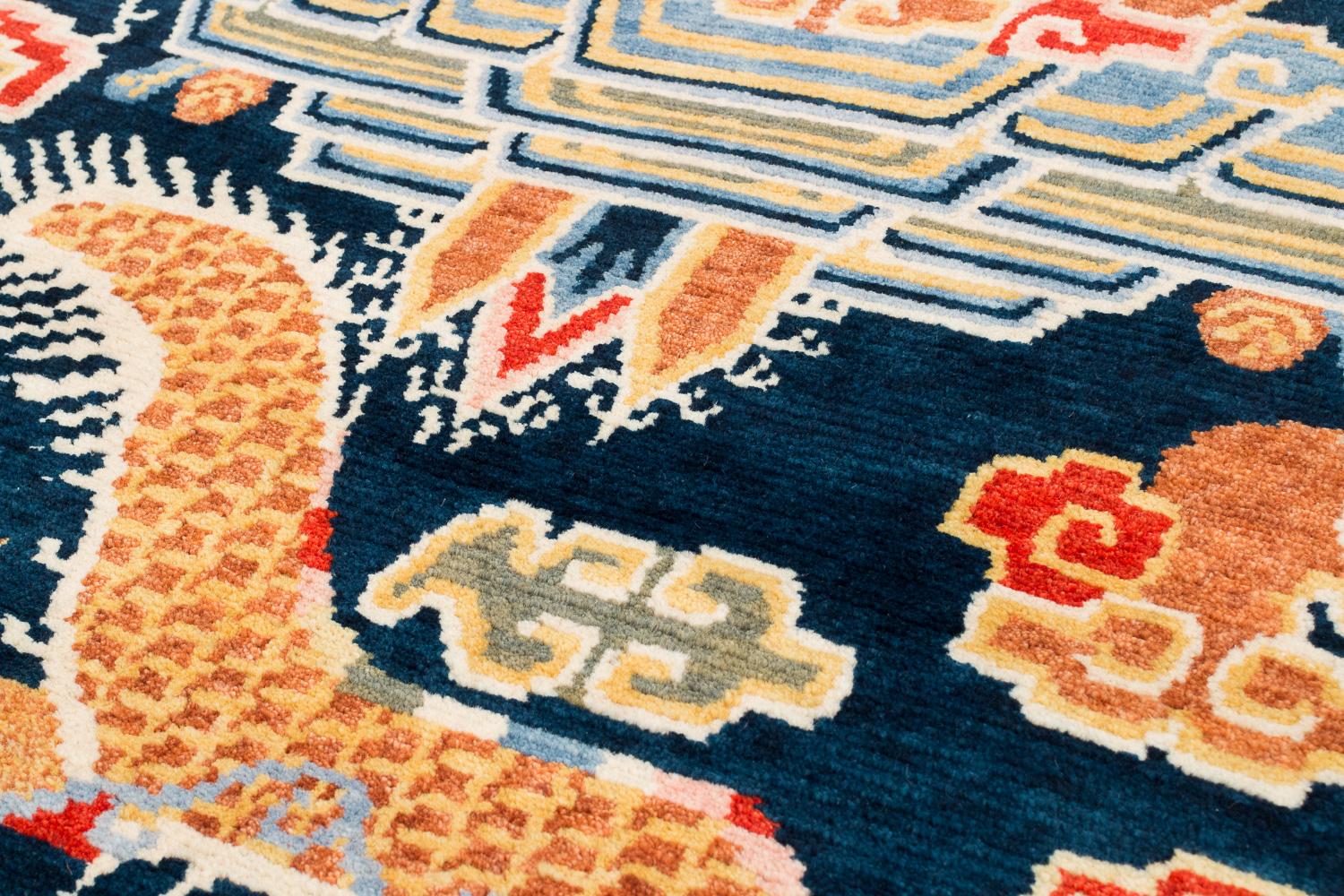Contemporary Indigo Blue, Red, Green, Orange Wool Tibetan Dragon Area Rug For Sale