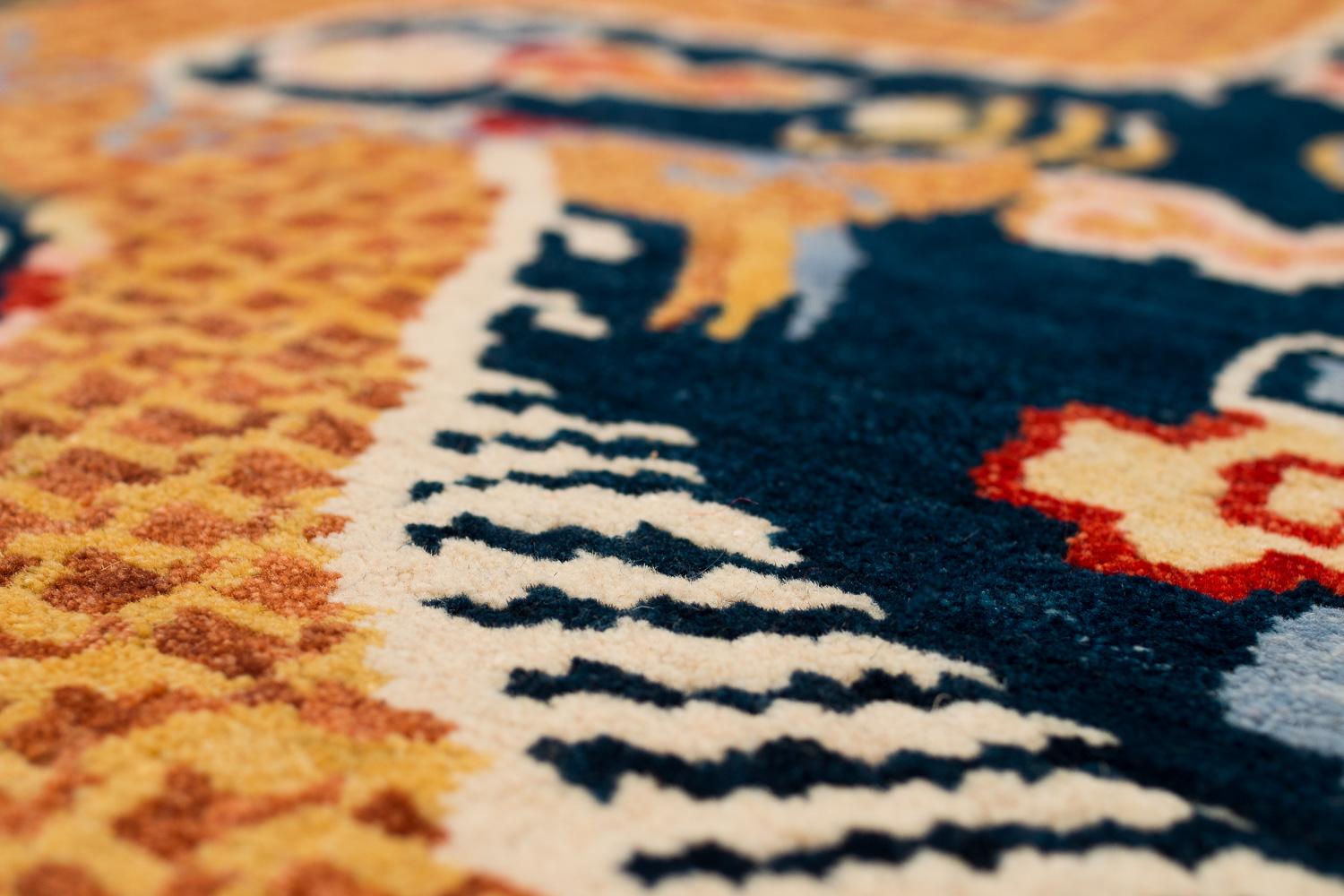 Hand-Woven Indigo Blue, Red, Green, Orange Wool Tibetan Dragon Area Rug