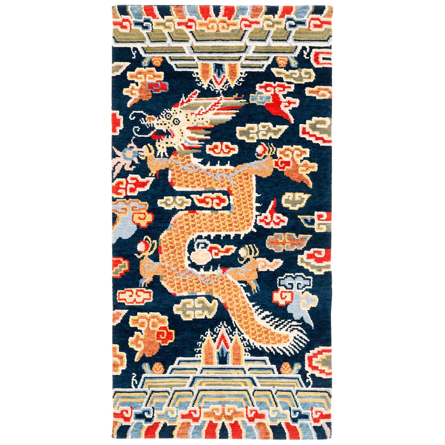 Indigo Blue, Red, Green, Orange Wool Tibetan Dragon Area Rug For Sale