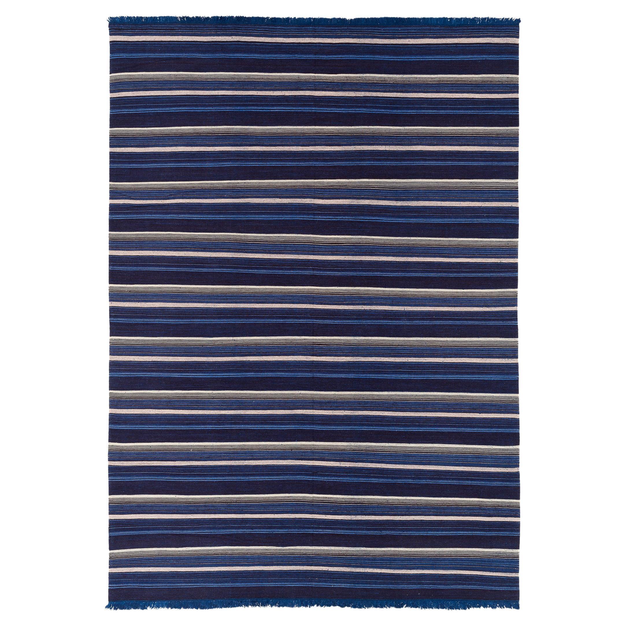 Indigo Blue Striped Wool Thin Flat Weave Modern Area Rug Paros by Joseph Carini
