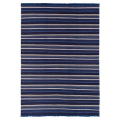 Indigo Blue Striped Wool Thin Flat Weave Modern Area Rug Paros by Joseph Carini