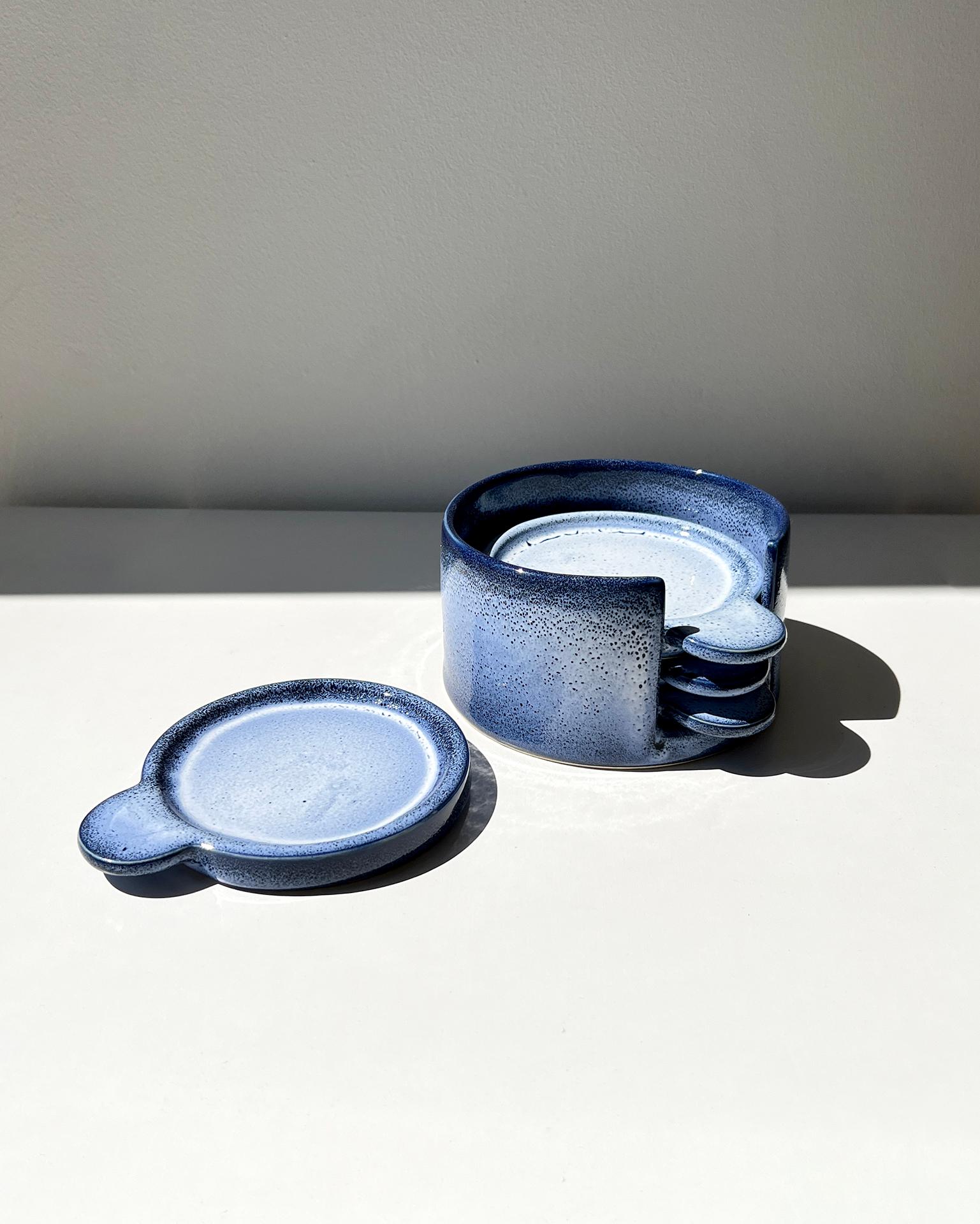 Organic Modern Indigo Blue Tapas Plate Set - Set of 4 handmade stoneware plates and stand For Sale
