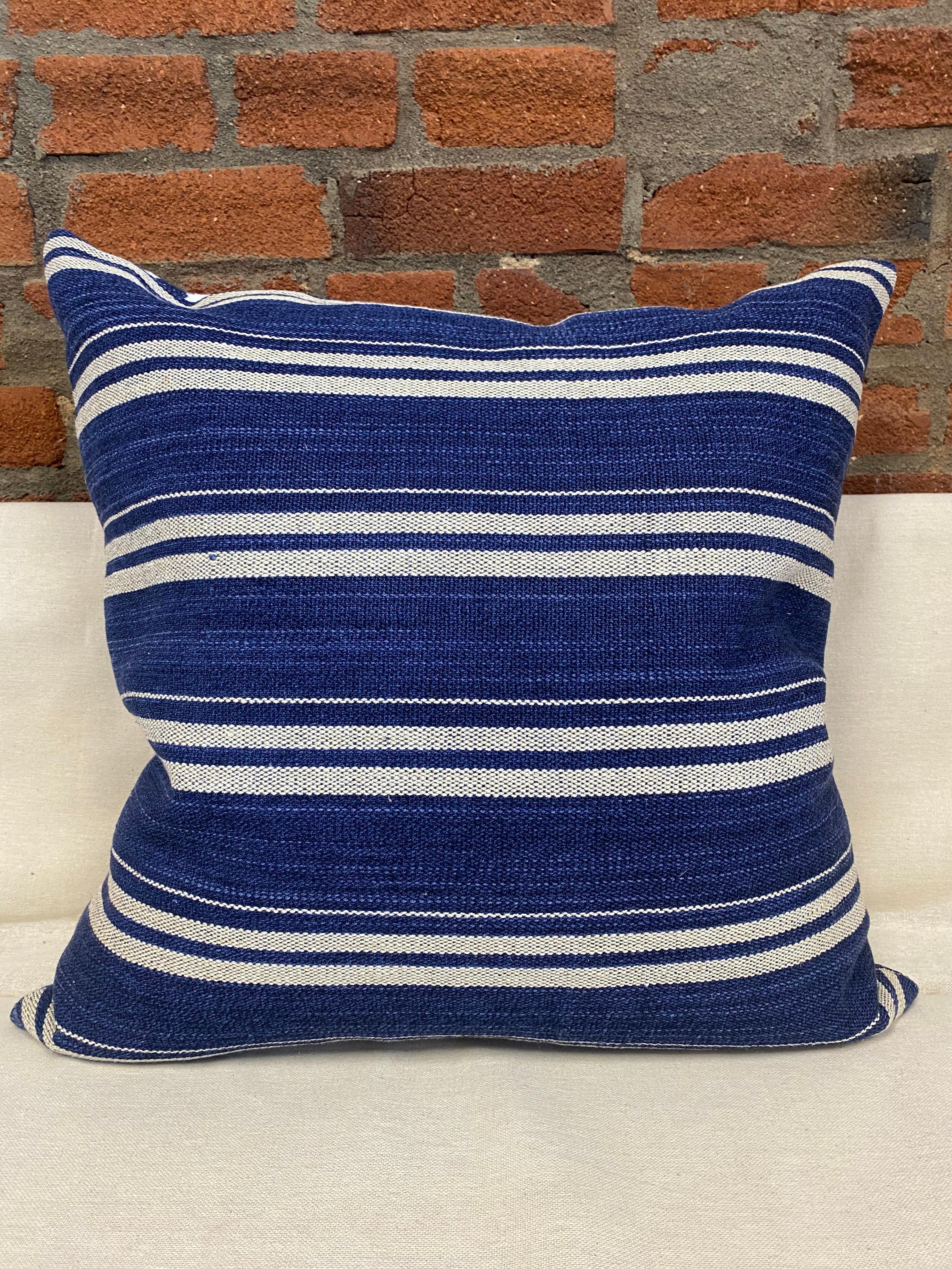 American Indigo Blues Patchwork Pillow with Heavy Cotton Blue Stripe Back For Sale