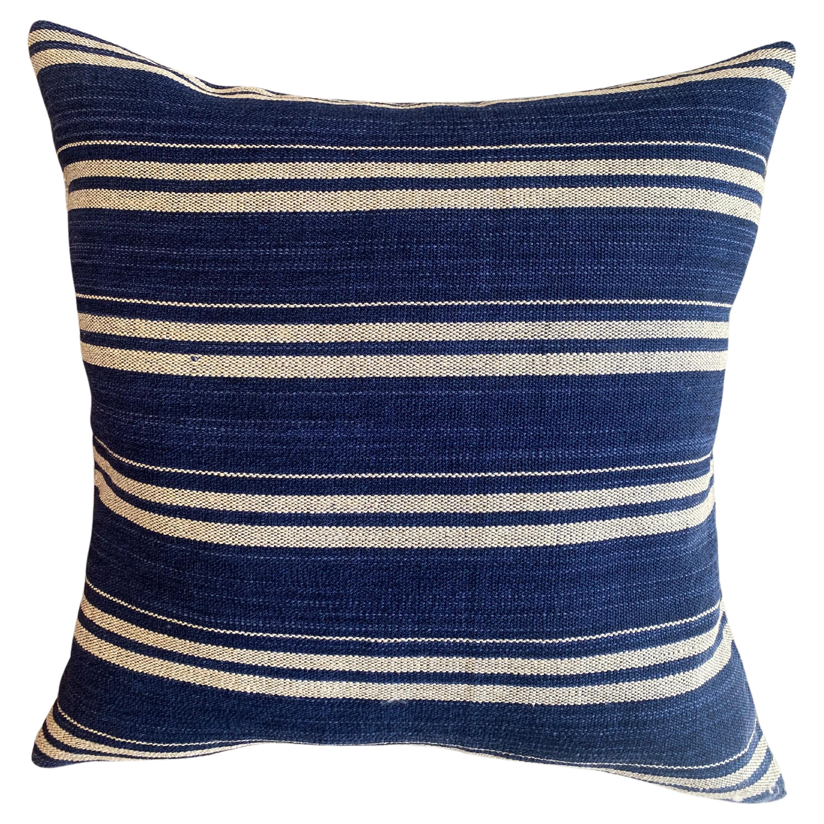 Indigo Blues Patchwork Pillow with Heavy Cotton Blue Stripe Back For Sale 1