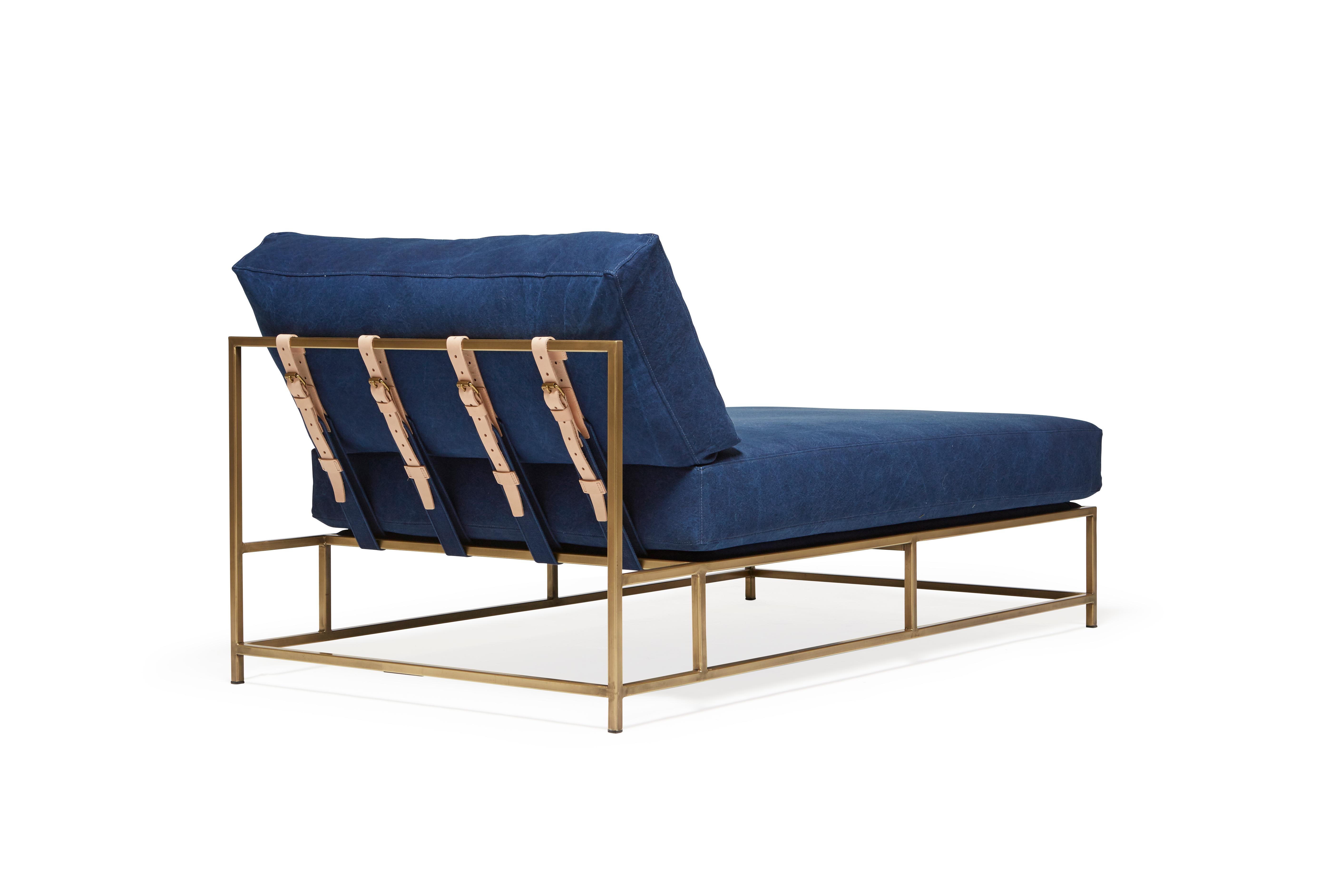 Modern Hand-Dyed Indigo Canvas and Antique Brass Chaise Lounge For Sale