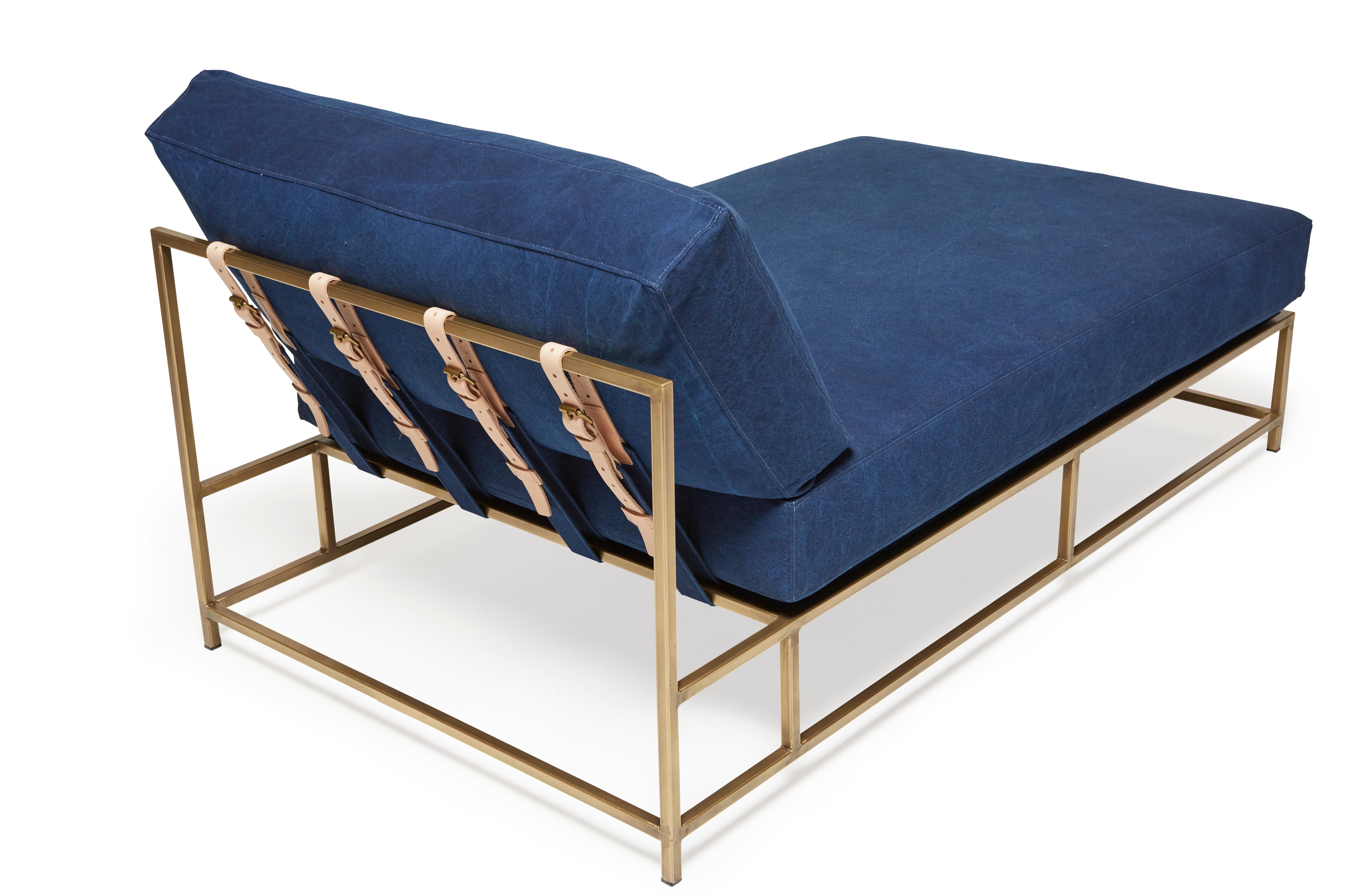 American Hand-Dyed Indigo Canvas and Antique Brass Chaise Lounge For Sale