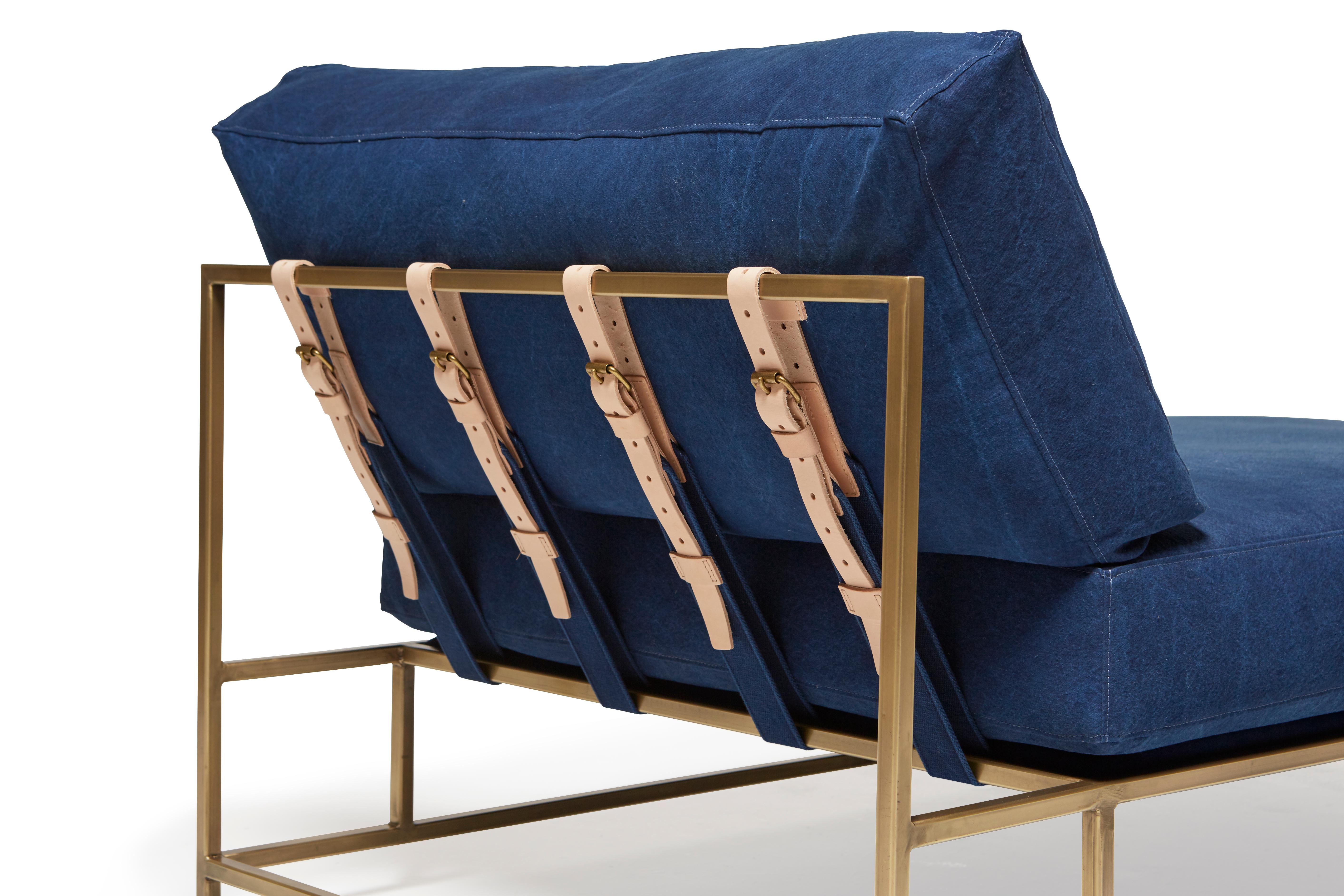 Hand-Dyed Indigo Canvas and Antique Brass Chaise Lounge In New Condition For Sale In Los Angeles, CA