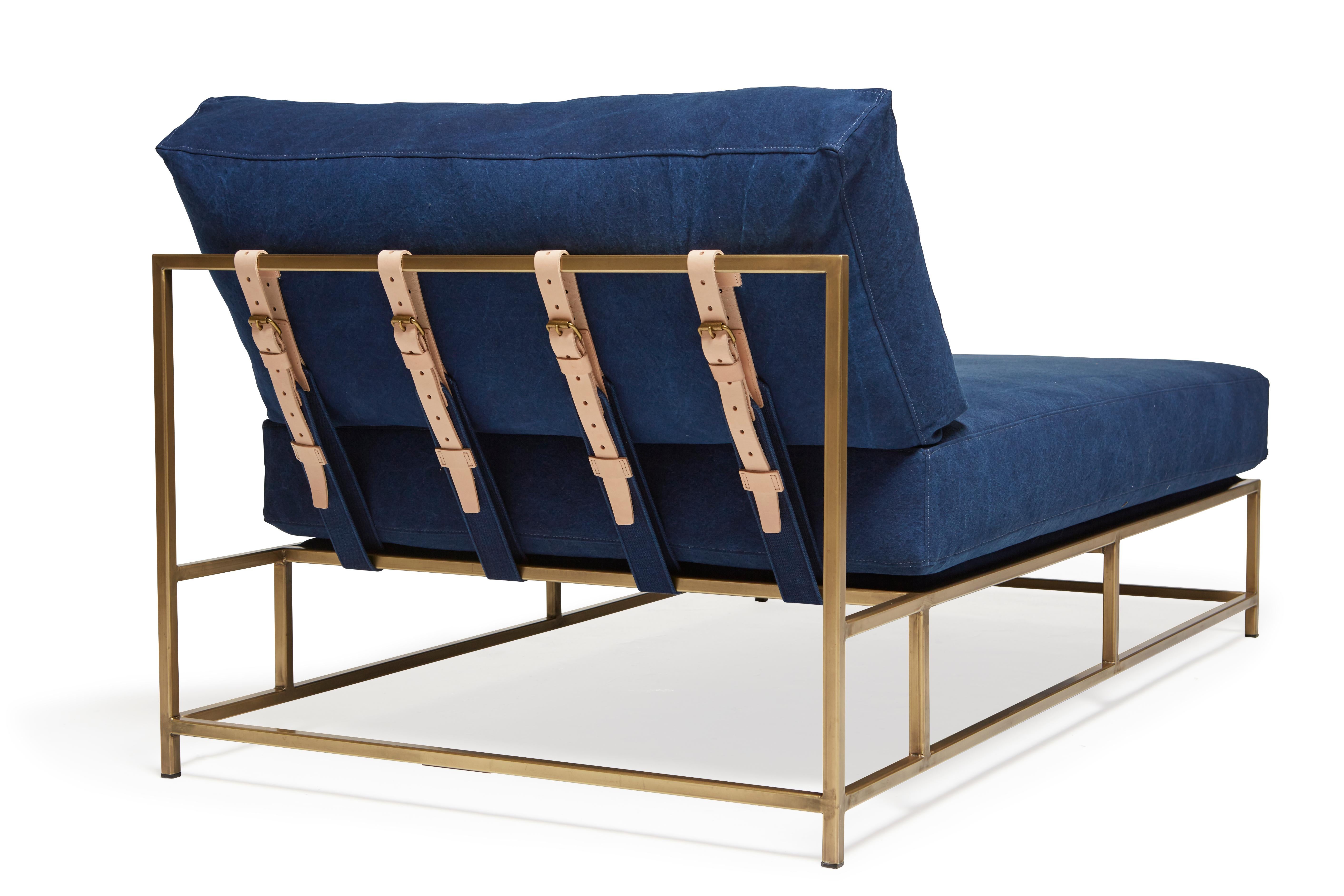 Hand-Dyed Indigo Canvas and Antique Brass Chaise Lounge In New Condition For Sale In Los Angeles, CA