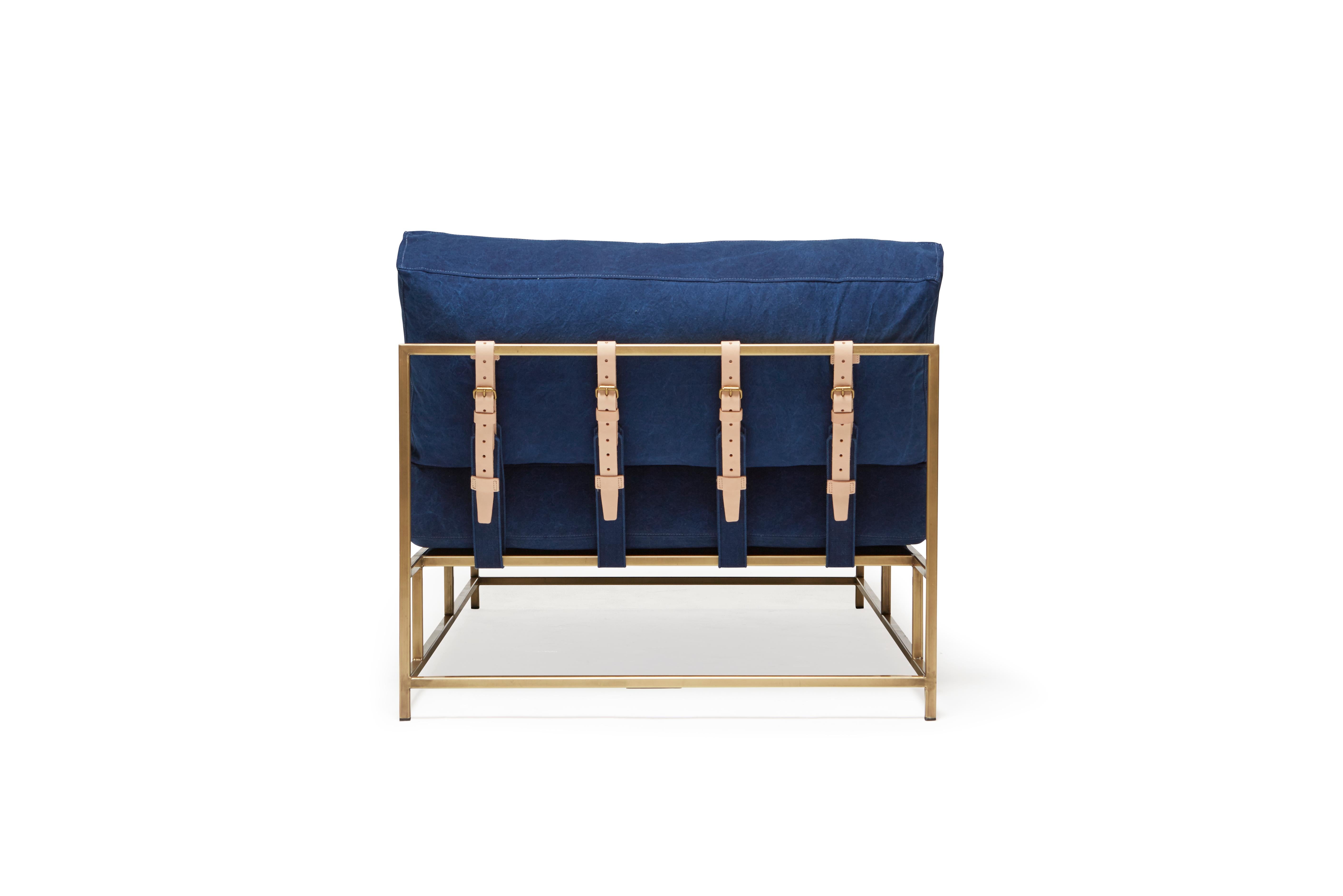 Contemporary Hand-Dyed Indigo Canvas and Antique Brass Chaise Lounge For Sale