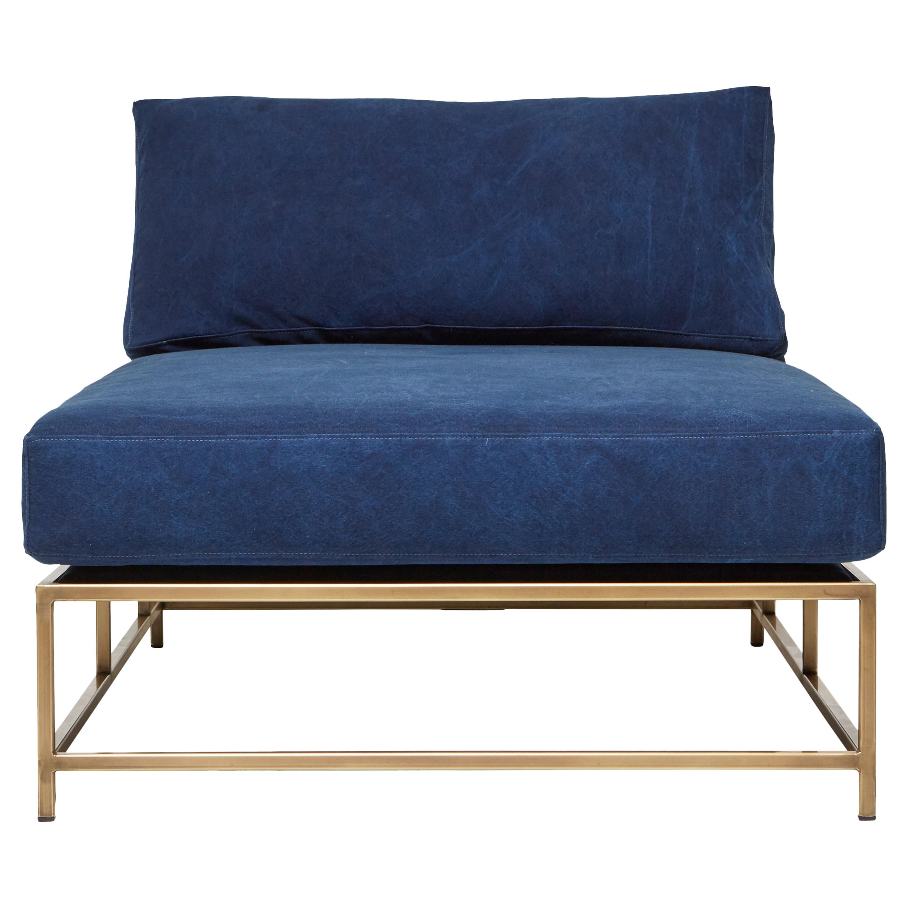 Hand-Dyed Indigo Canvas and Antique Brass Chaise Lounge For Sale