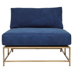 Hand-Dyed Indigo Canvas and Antique Brass Chaise Lounge