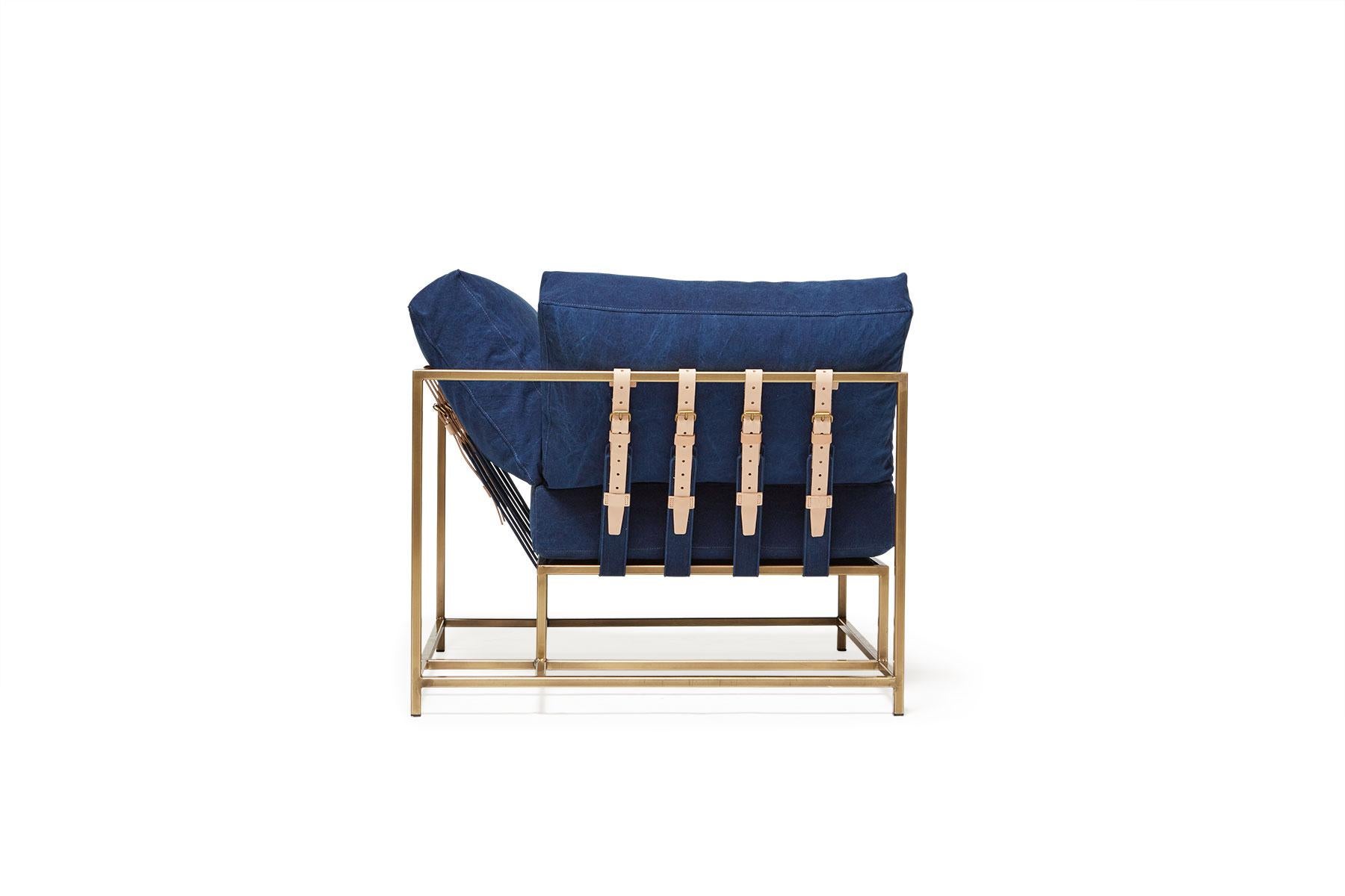 Modern Hand-Dyed Indigo Canvas and Antique Brass Corner Chair For Sale