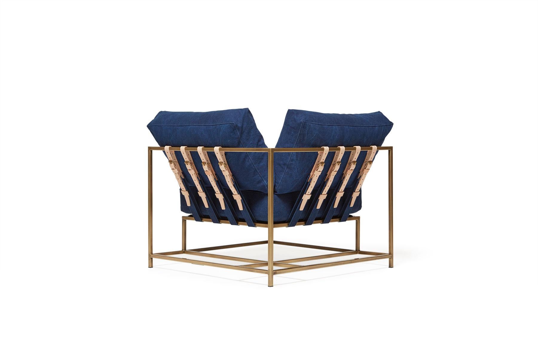 American Hand-Dyed Indigo Canvas and Antique Brass Corner Chair For Sale