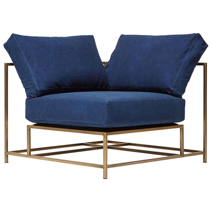 Hand-Dyed Indigo Canvas and Antique Brass Corner Chair