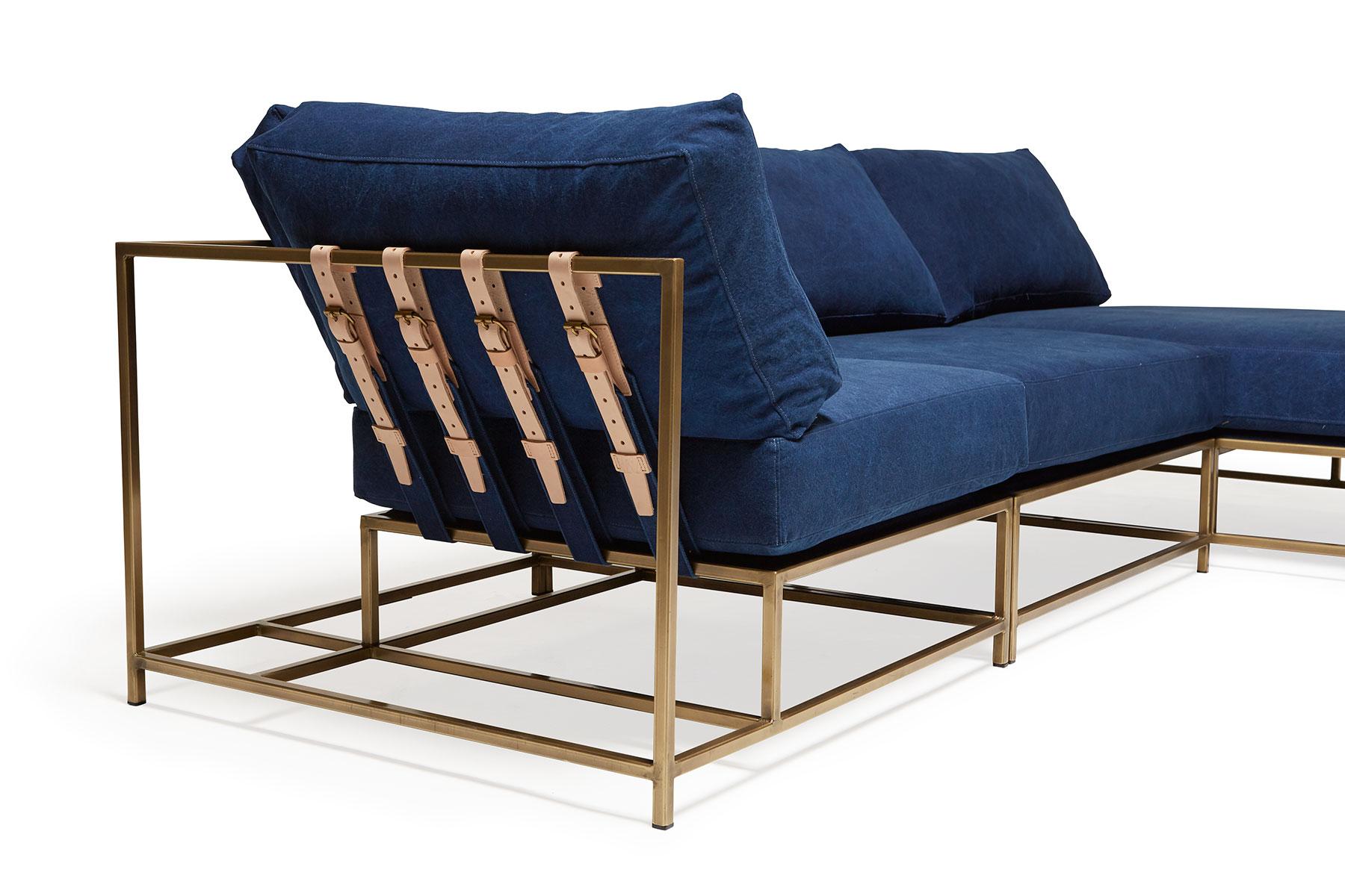 American Hand-Dyed Indigo Canvas & Antique Brass Modular Sectional For Sale