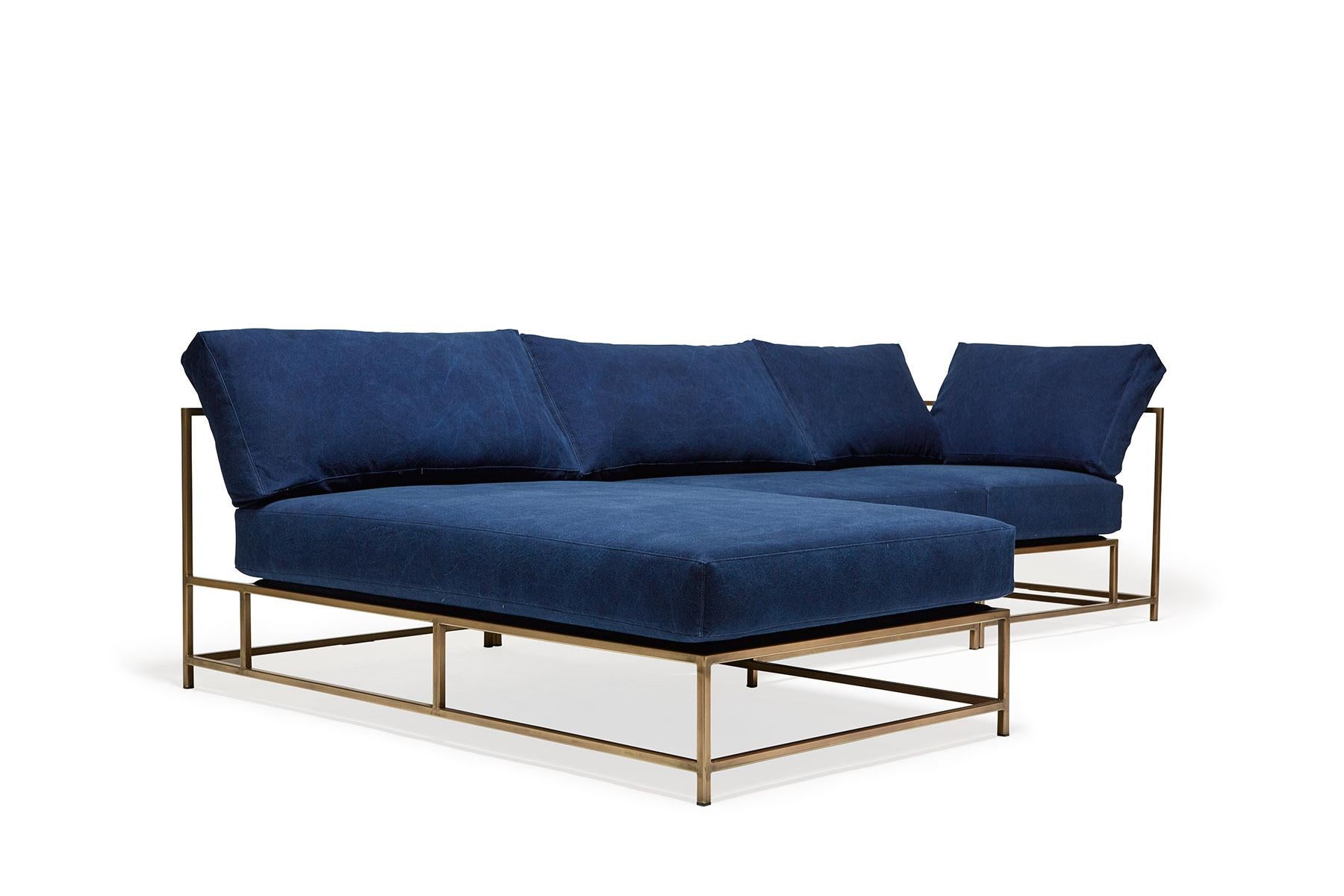 Plated Hand-Dyed Indigo Canvas & Antique Brass Modular Sectional For Sale