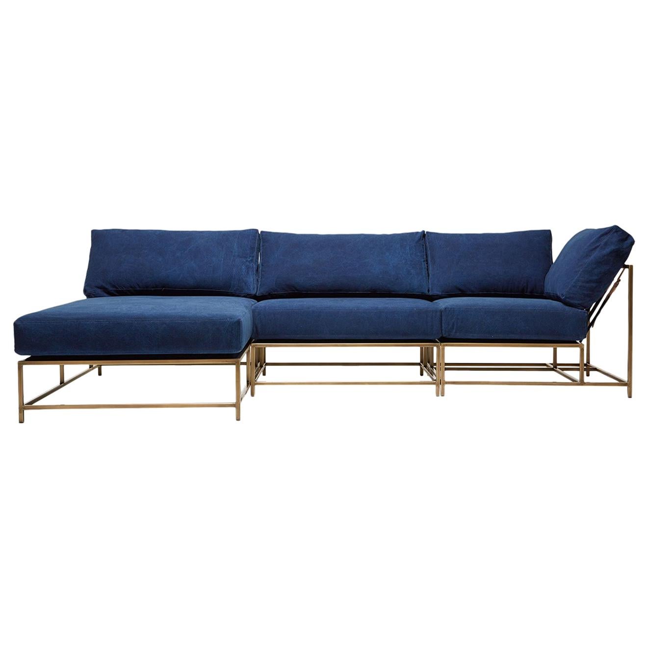 Hand-Dyed Indigo Canvas & Antique Brass Modular Sectional For Sale