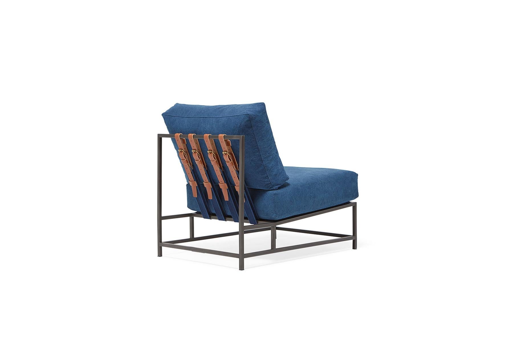 American Hand-Dyed Indigo Canvas and Blackened Steel Chair For Sale