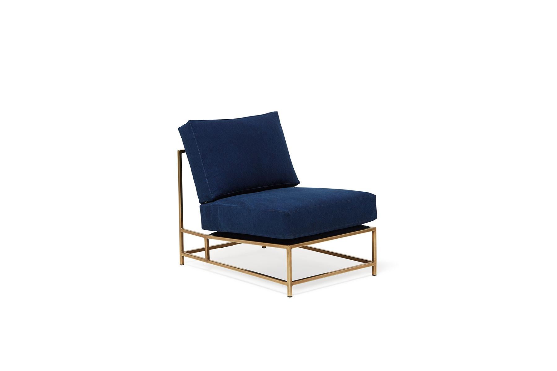 Sleek and refined, the Inheritance Chair is a great addition to nearly any space. 

Inspired by a worn-in pair of jeans and created alongside the team at Simon Miller, USA, our indigo cotton canvas is hand dyed using a chemical free process and