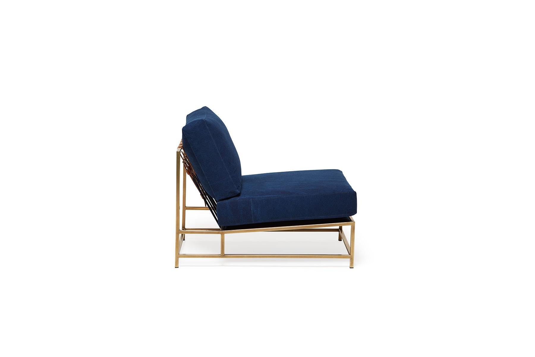 Modern Hand-Dyed Indigo Canvas & Tarnished Brass Chair For Sale