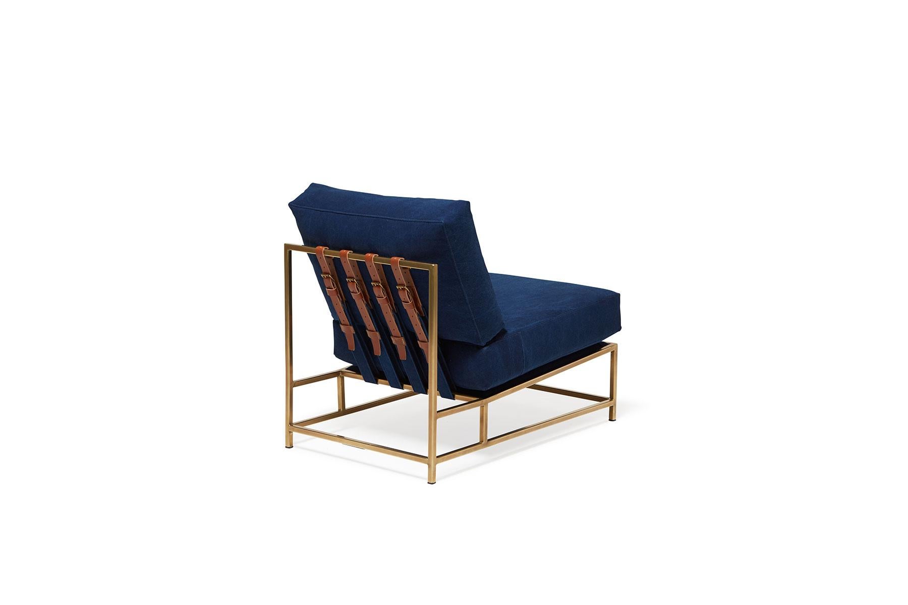 American Hand-Dyed Indigo Canvas & Tarnished Brass Chair For Sale