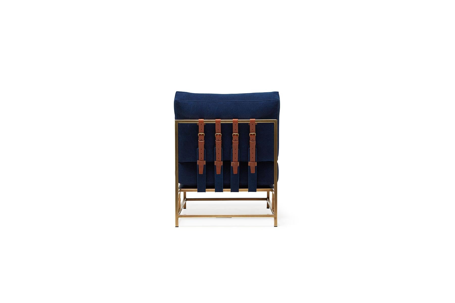 Metalwork Hand-Dyed Indigo Canvas & Tarnished Brass Chair For Sale