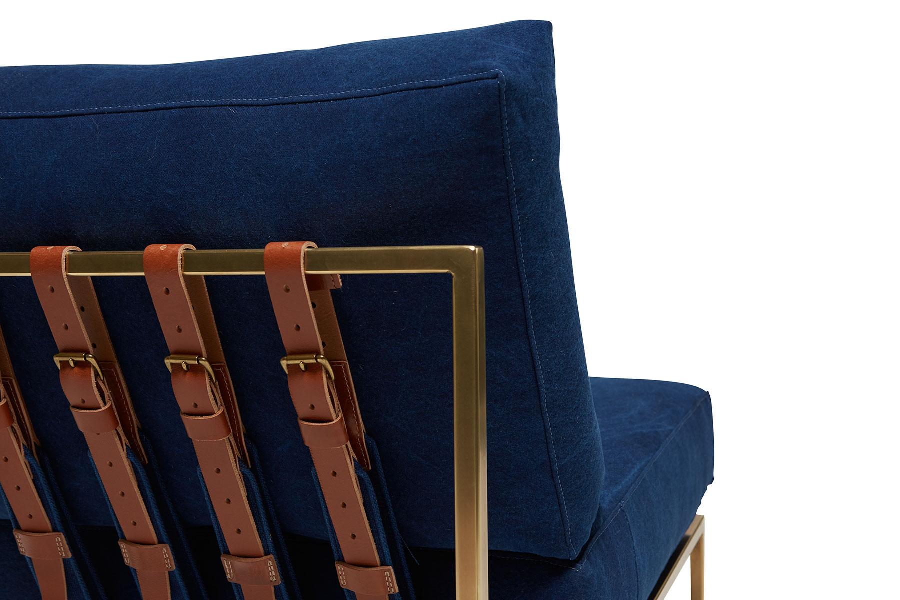 Hand-Dyed Indigo Canvas & Tarnished Brass Chair In New Condition For Sale In Los Angeles, CA