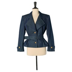 Chaqueta de algodón índigo de una sola fila de botones con cinturón de GUY LAROCHE