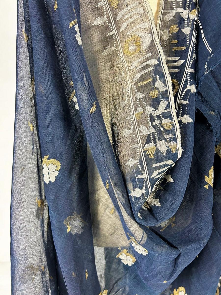 Voile di cotone broccato o Jamdani tinto con indaco proveniente dal Bengala - India CIRCA 1950 in vendita 7