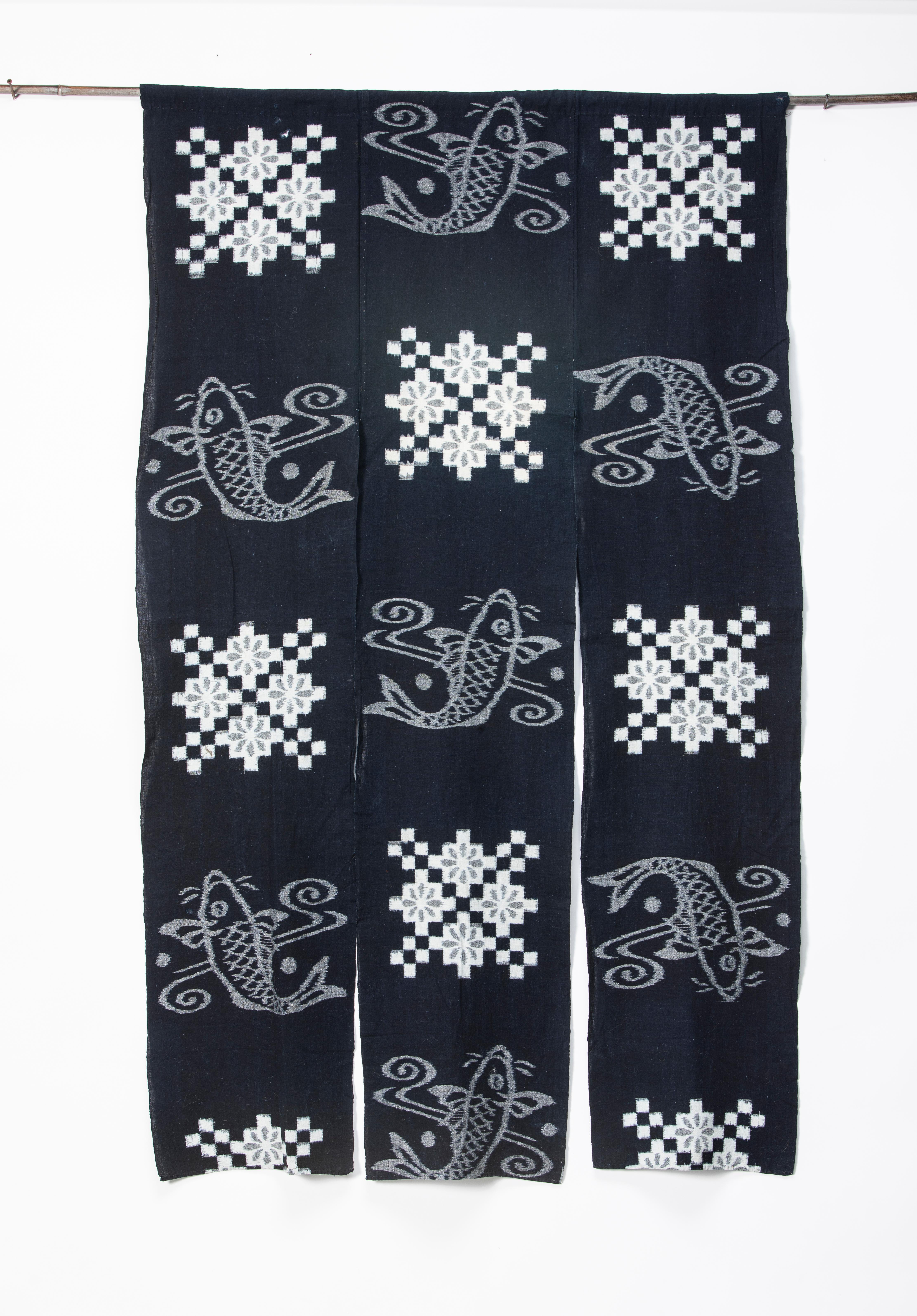 Dyed Indigo E-Gasuri Geometric and Koi Fish Futon Cover For Sale